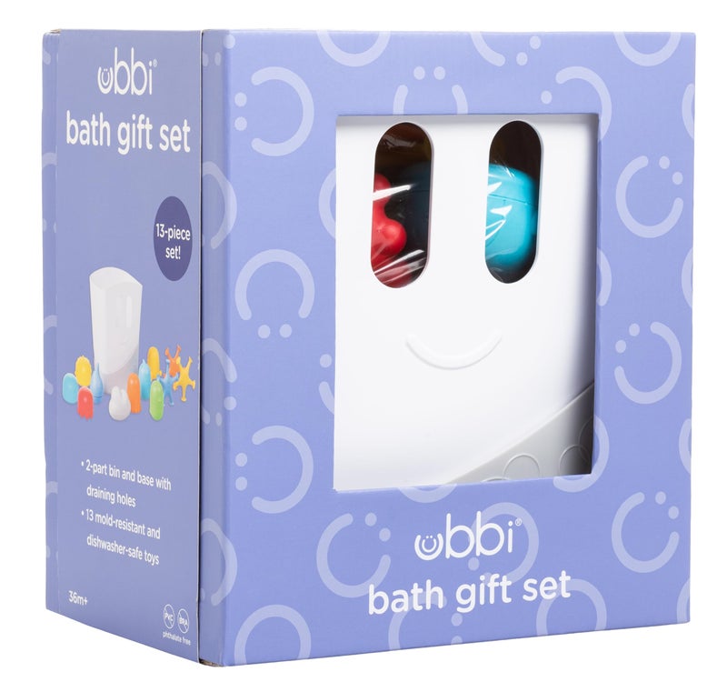 Ubbi Baby Bath Time Essential Gift Set, Stand Up Draining Bath Toy Bin, Dishwasher Safe, White - Image 1