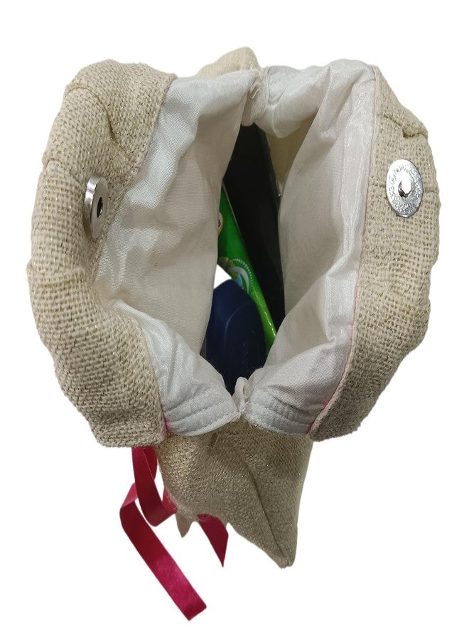 ATHZ handbags for women top handle bags with classic wodden handles jute flower, tassel, satin ribbon embellishment Jute| Cotton Fabric Bags (Creamy White, Pink) - Image 3