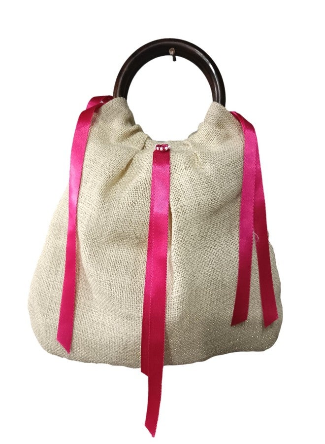 ATHZ handbags for women top handle bags with classic wodden handles jute flower, tassel, satin ribbon embellishment Jute| Cotton Fabric Bags (Creamy White, Pink) - Image 1