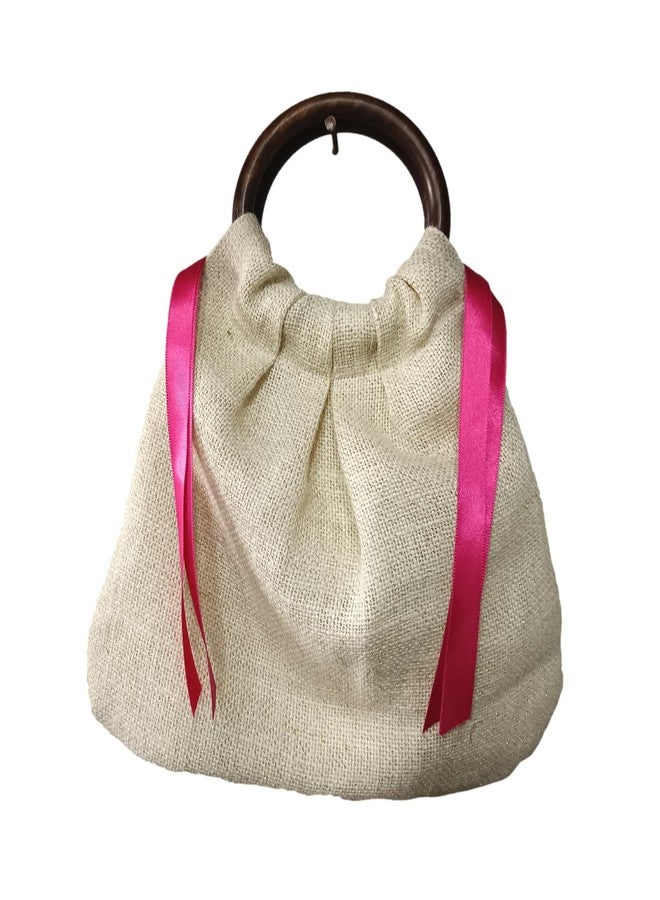 ATHZ handbags for women top handle bags with classic wodden handles jute flower, tassel, satin ribbon embellishment Jute| Cotton Fabric Bags (Creamy White, Pink) - Image 2
