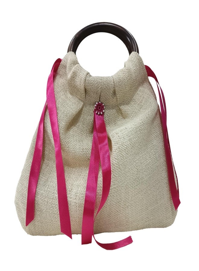 ATHZ handbags for women top handle bags with classic wodden handles jute flower, tassel, satin ribbon embellishment Jute| Cotton Fabric Bags (Creamy White, Pink) - Image 4