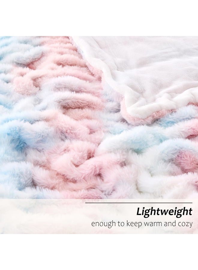 Viviland Faux Fur Throw Blanket for Bed Couch Sofa - Soft Cozy Furry Warm Throw - Comfy Shaggy Blanket - Machine Washable - Pink & Blue Fuzzy Plush Twin - 60"× 80" - Image 2