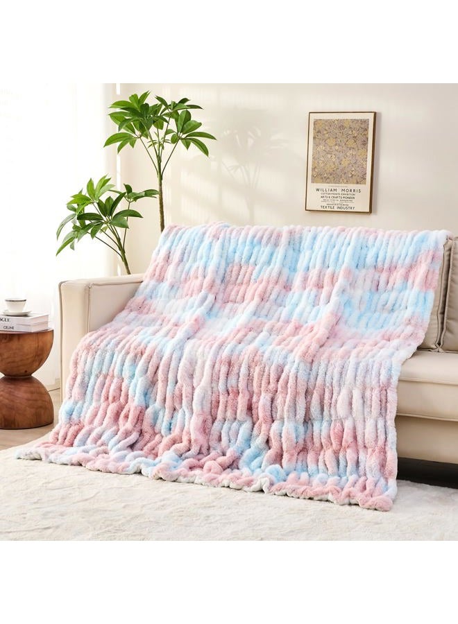 Viviland Faux Fur Throw Blanket for Bed Couch Sofa - Soft Cozy Furry Warm Throw - Comfy Shaggy Blanket - Machine Washable - Pink & Blue Fuzzy Plush Twin - 60"× 80" - Image 1