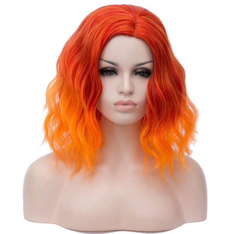 Short Bob Wavy Curly Wig Orange Wig For Women Cosplay Halloween Wigs Heat Resistant Bob Party Wig Include Wig Cap Orange