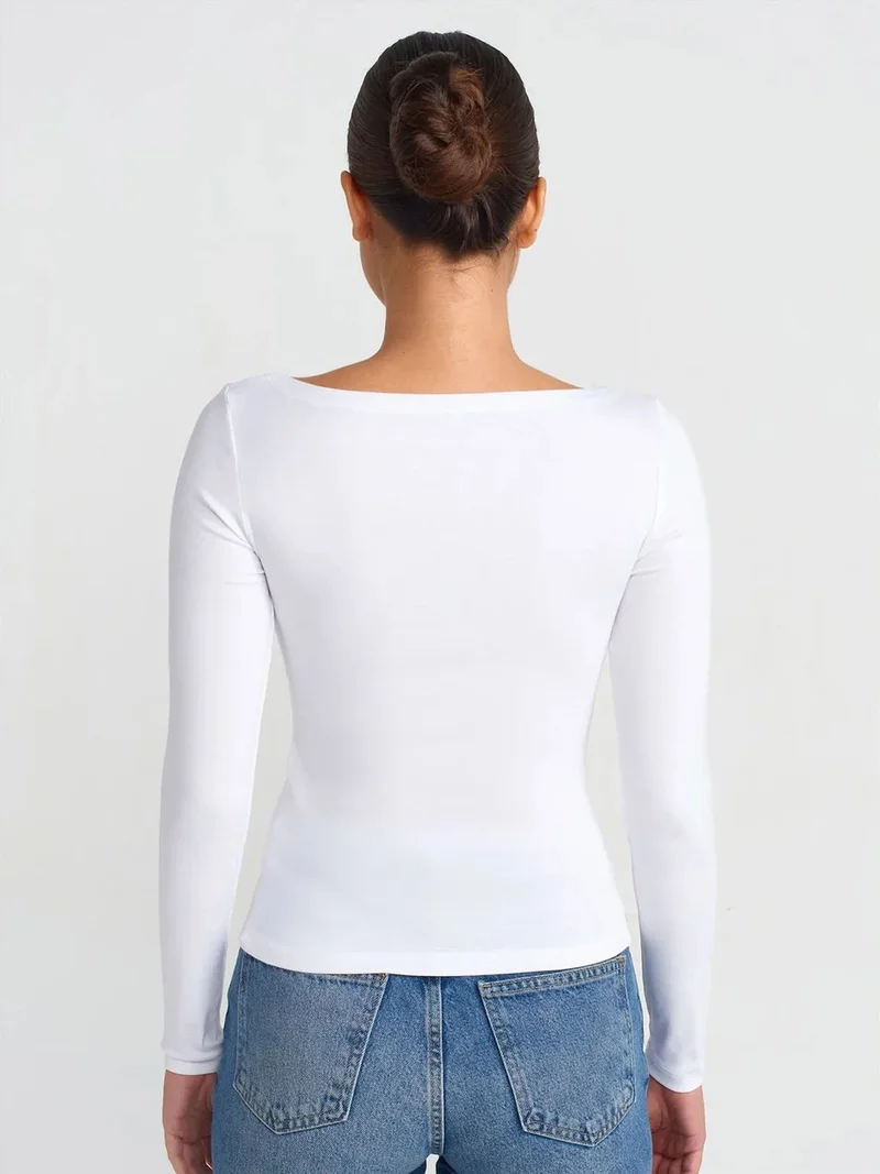 Dilvin DILVIN Women’s Slim-fit Boat Neck Long-sleeve Blouse