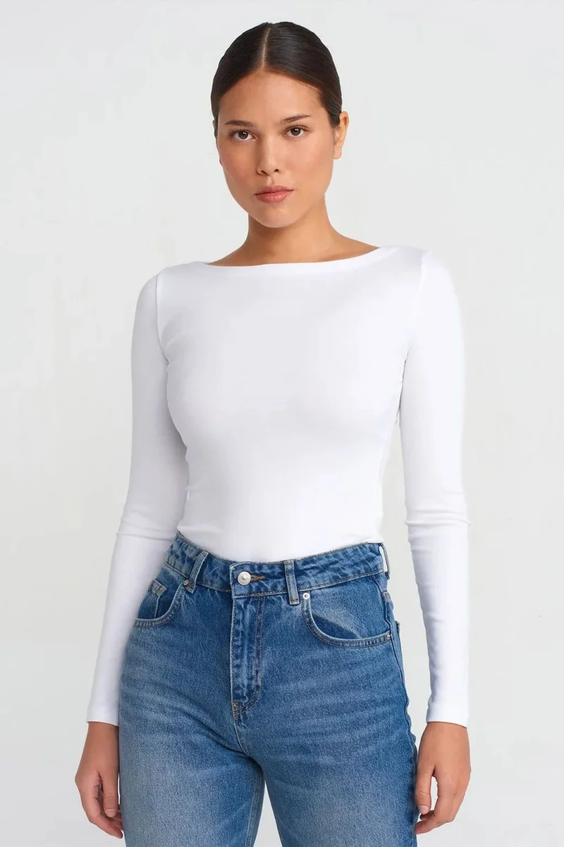 Dilvin DILVIN Women’s Slim-fit Boat Neck Long-sleeve Blouse