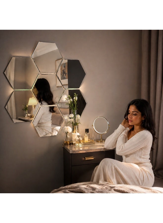 Lamset Gamal 7-Piece Hexagonal Wall Mirror Set18×21 cm Each, Double-Sided Adhesive Installation, Modern Home Wall Decor - Image 4
