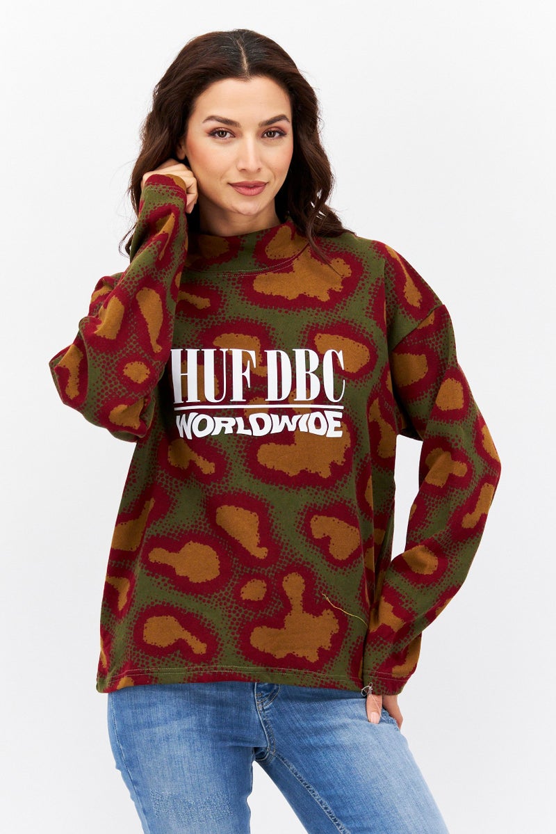 HUF Women Mock Neck Long Sleeve Allover Print Sweatshirt, Multicolor - Image 1