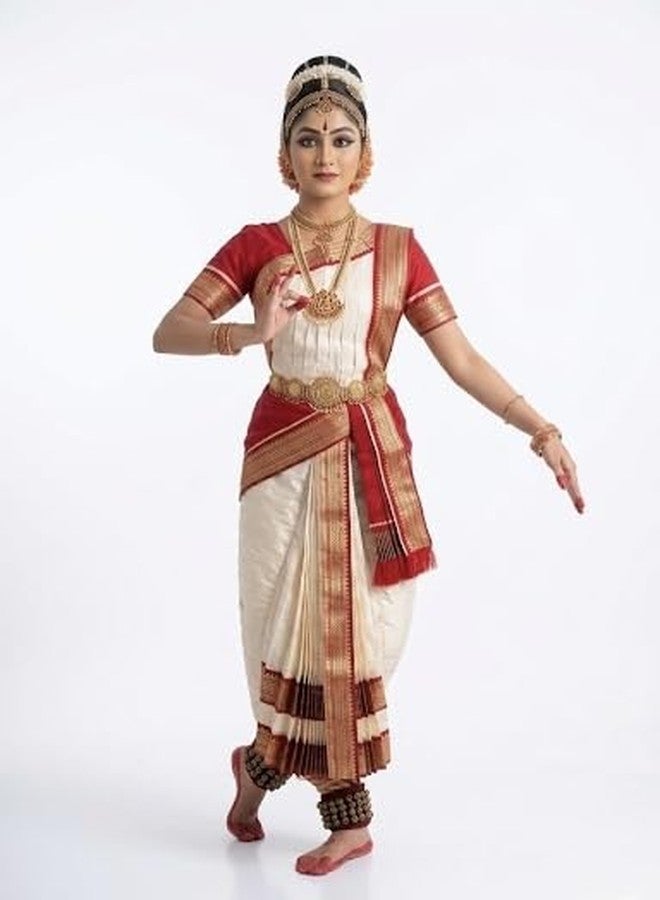 NATYAM Kuchipudi Dance Costume | Imitation Pattu Silk Classical Dress for Girls & Women | Stage Performance Wear (Off White & Red with Gold Accents, 38)