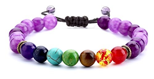 Hamoery 8mm Lava Rock 7 Chakras Beads Bracelet Gifts Braided Rope Natural Stone Yoga Bracelet Bangle (Amethyst Bead) - Image 1