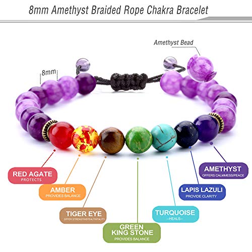 Hamoery 8mm Lava Rock 7 Chakras Beads Bracelet Gifts Braided Rope Natural Stone Yoga Bracelet Bangle (Amethyst Bead) - Image 2