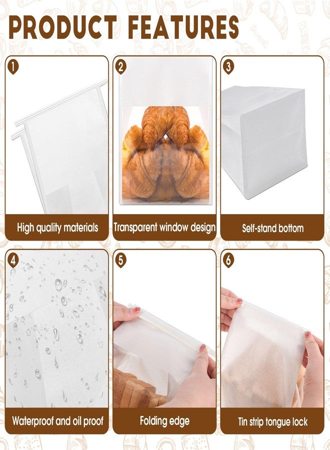 ODDIER 60pcs Bakery Bags with Thank You Stickers,11.3x5.1x3.7 inches Sourdough Bread Bags with Tin Tie Tab Lock Smoother Paper Bakery Bags with Clear Window for Homemade Bread, Baked Food Packaging Storage - Image 3