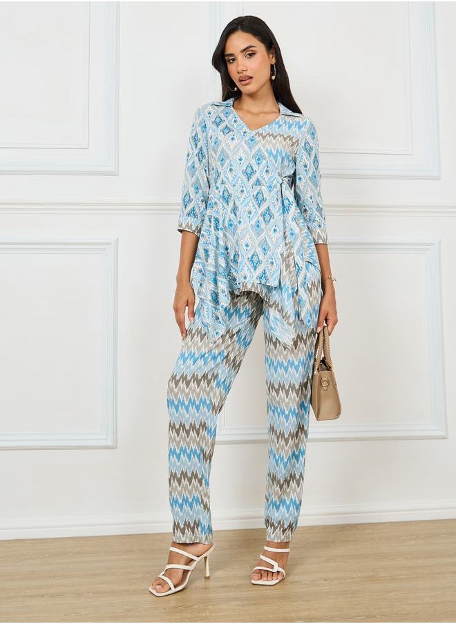 Styli - Asymmetric Hem All Over Print Top & Pants Set - Image 1