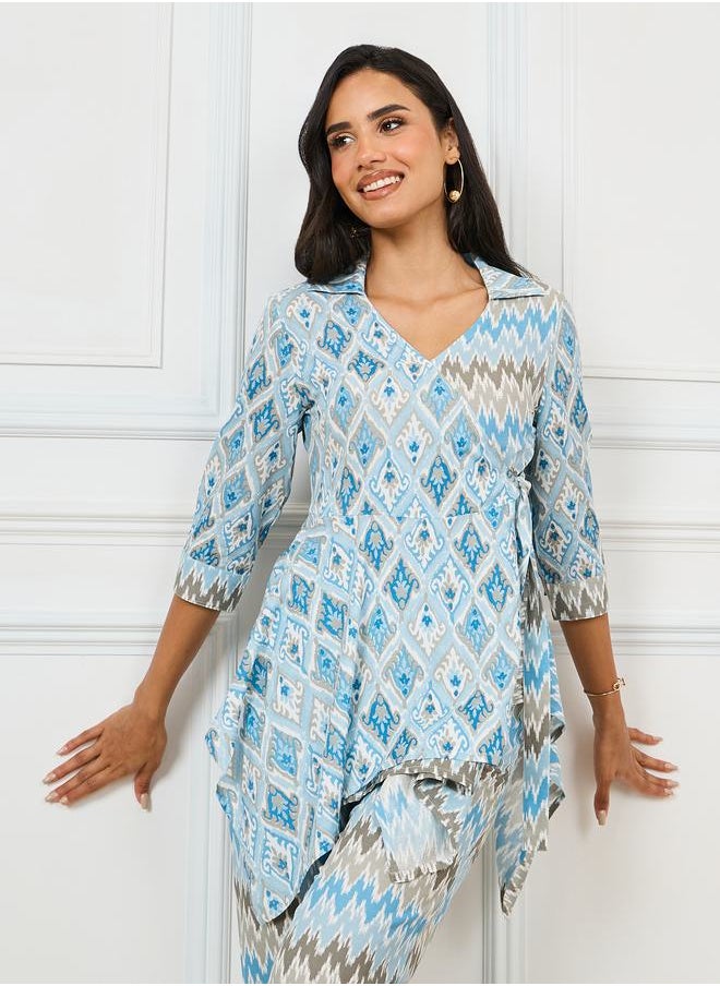 Styli - Asymmetric Hem All Over Print Top & Pants Set - Image 1