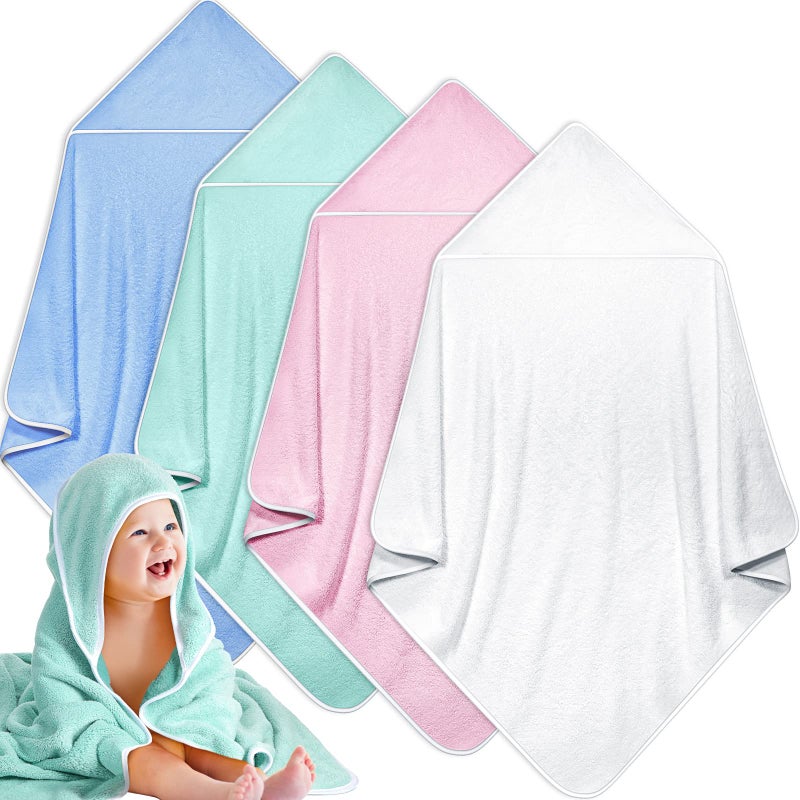 Reginary 4 Pack Baby Hooded Towels Coral Fleece Baby Bath Towels 30 x 30 Inch Soft Absorbent Hooded Bath Blanket for Newborn Toddler Infant Boy Girl Shower Gift Supplies (White, Pink, Green, Blue) - Image 1