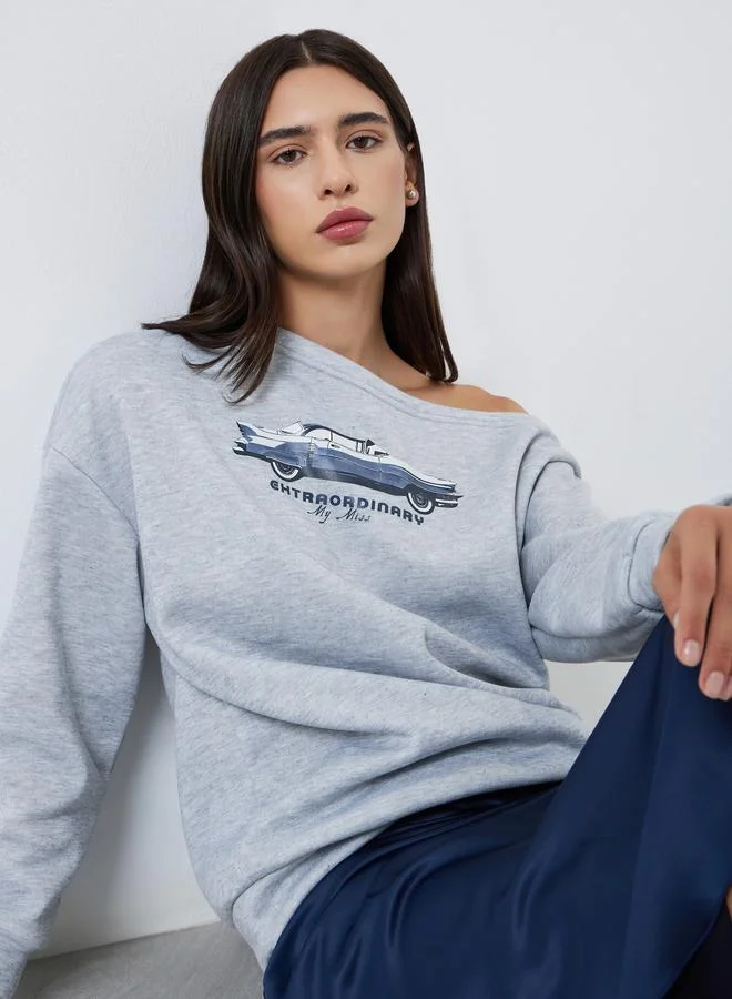 Styli Styli Grey Asymmetric Neck Graphic Sweatshirt