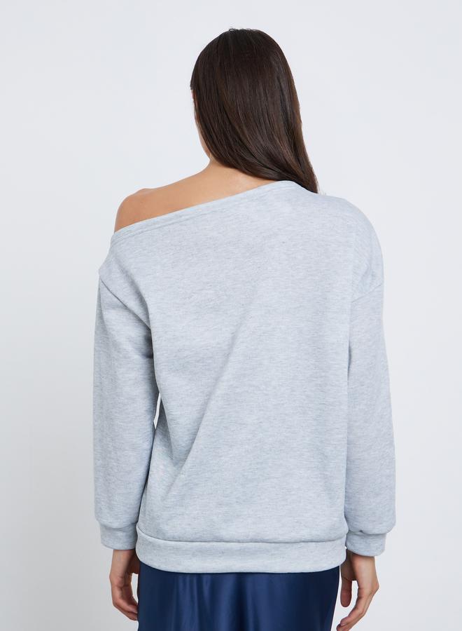 Styli Grey Asymmetric Neck Graphic Sweatshirt - Image 5