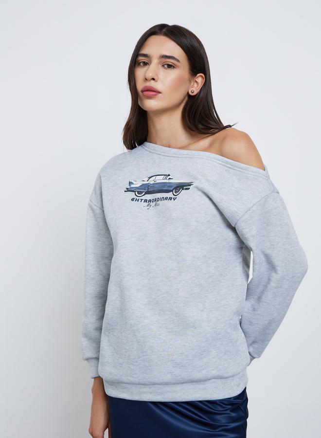 Styli Grey Asymmetric Neck Graphic Sweatshirt - Image 3