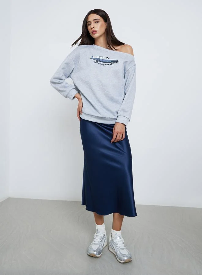Styli Styli Grey Asymmetric Neck Graphic Sweatshirt