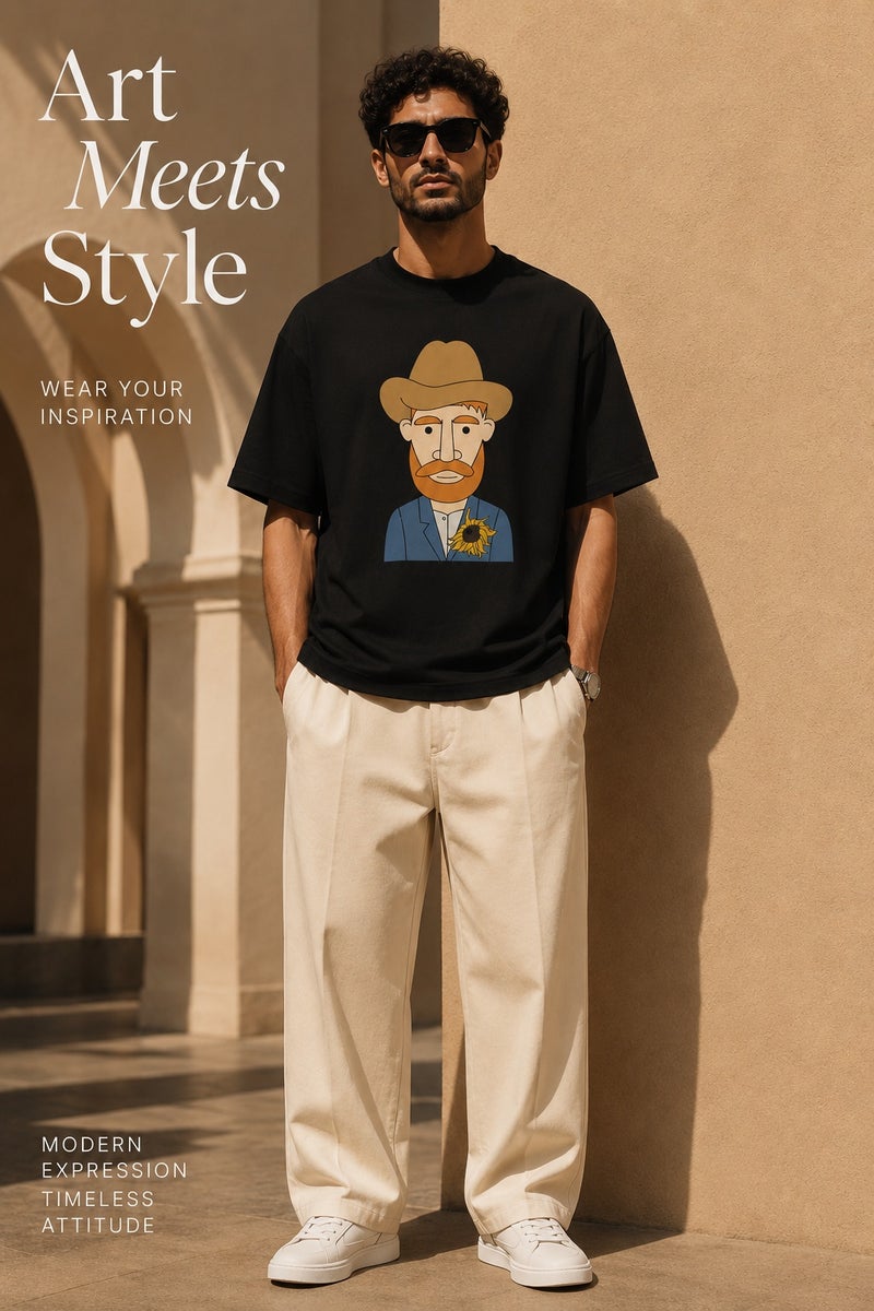 Men's Black Oversized Graphic T-Shirt with Artistic Portrait Print Casual Short Sleeve Streetwear Tee - Image 2