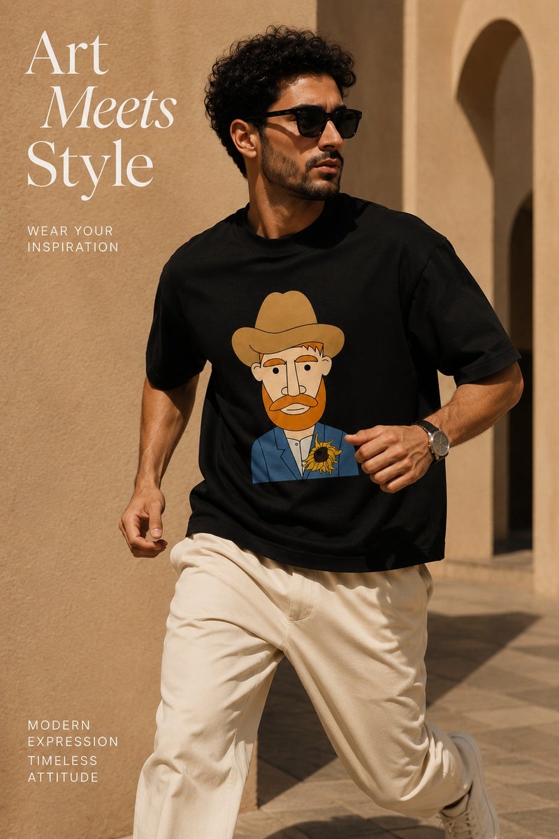 Men's Black Oversized Graphic T-Shirt with Artistic Portrait Print Casual Short Sleeve Streetwear Tee - Image 3