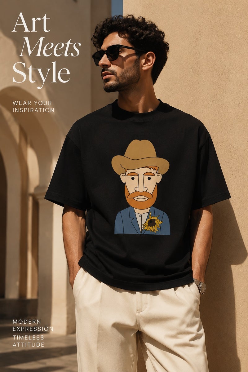 Men's Black Oversized Graphic T-Shirt with Artistic Portrait Print Casual Short Sleeve Streetwear Tee - Image 5
