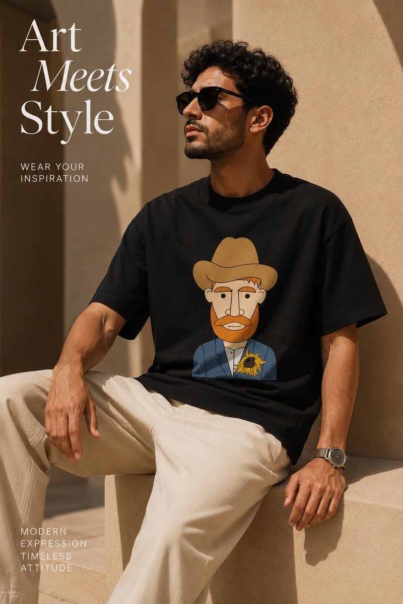 Men's Black Oversized Graphic T-Shirt with Artistic Portrait Print Casual Short Sleeve Streetwear Tee - Image 4