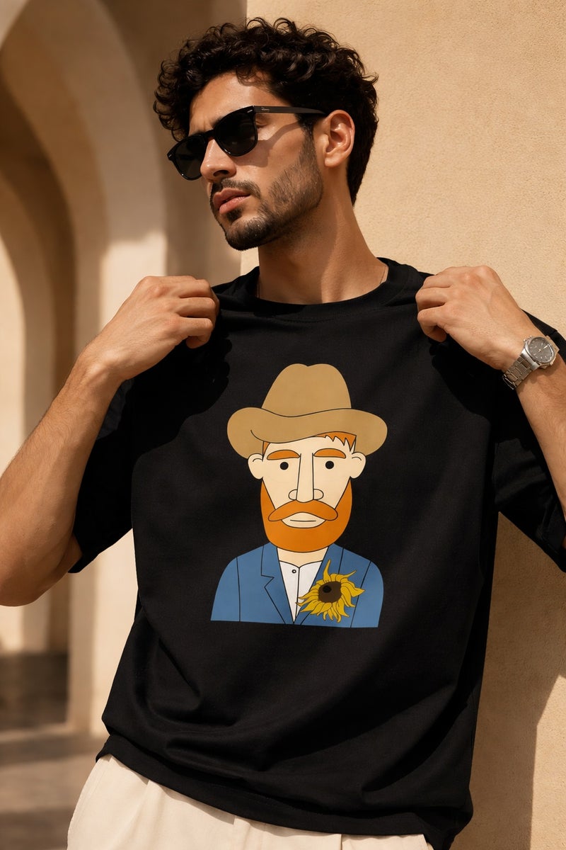Men's Black Oversized Graphic T-Shirt with Artistic Portrait Print Casual Short Sleeve Streetwear Tee - Image 1