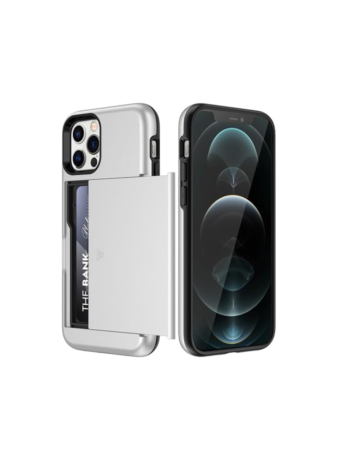 Jetech JETech Wallet Case for iPhone 12/12 Pro 6.1-Inch with Card Holder, Dual Layer Shockproof Protective Phone Cover, Sliding Hidden Slot (Silver) - Image 1