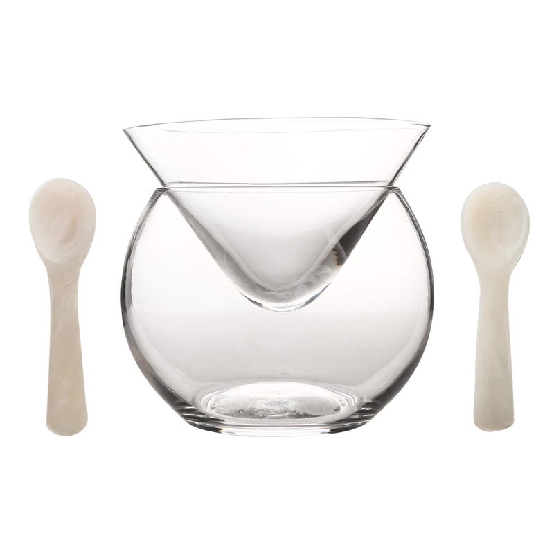 DUEBEL Glass Caviar Chiller Server Set Plus 2 pcs x Mother of Pearl Caviar Spoon 315  Universal Martini Wine Liquor Cocktail Chiller