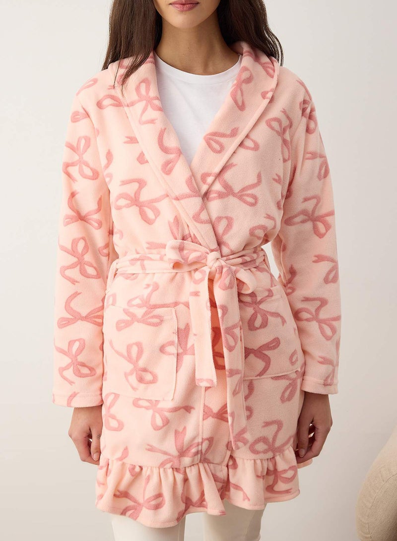 trendyol Teen Pink Ribbon Printed Ruffled Pocket Fleece Knitted Dressing Gown Thmaw26Sb00003 - Image 3