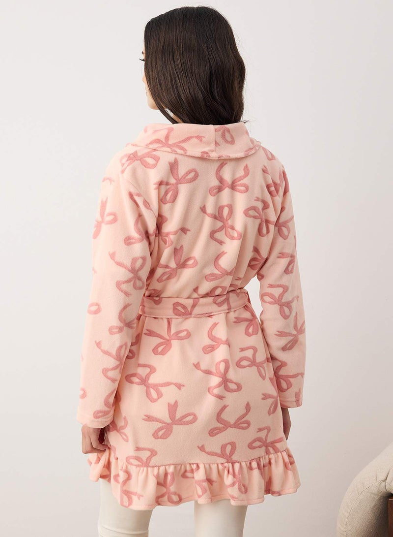 trendyol Teen Pink Ribbon Printed Ruffled Pocket Fleece Knitted Dressing Gown Thmaw26Sb00003 - Image 4