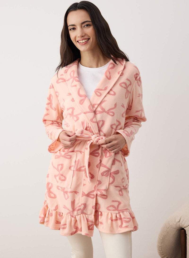 trendyol Teen Pink Ribbon Printed Ruffled Pocket Fleece Knitted Dressing Gown Thmaw26Sb00003 - Image 2