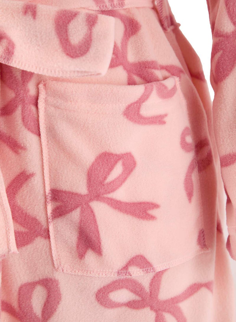 trendyol Teen Pink Ribbon Printed Ruffled Pocket Fleece Knitted Dressing Gown Thmaw26Sb00003 - Image 5