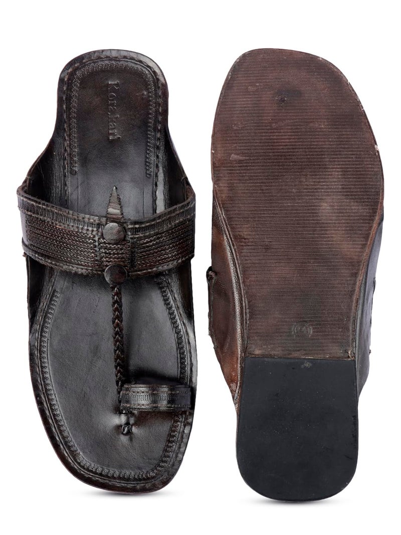 KORAKARI Men's Kolhapuri Chappal Elegant Brown Stylish Durable Smooth Comfortable Flip Flops Anti Slip Design Sevan Leather Braided Handcrafted Genuine Leather Traditional Indian Footwear (UK-07) - Image 5