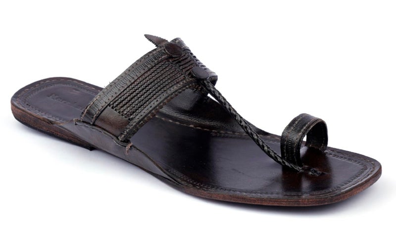 KORAKARI Men's Kolhapuri Chappal Elegant Brown Stylish Durable Smooth Comfortable Flip Flops Anti Slip Design Sevan Leather Braided Handcrafted Genuine Leather Traditional Indian Footwear (UK-07) - Image 1