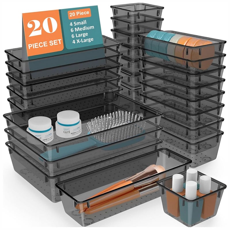 JD FRESH Set of 20 Drawer OrganiserUnbreakable Drawer OrganizerDressing Table OrganizerMultiPurpose Storage BoxesDrawer Divider Tray for KitchenBedroomOffice Black - Image 1