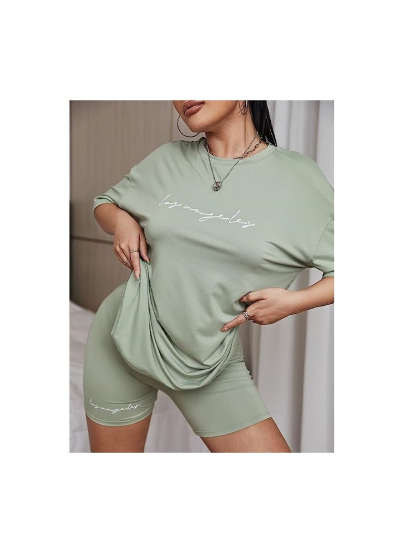 شي إن طقم نسائي مكون من قطعتين بدلة رياضية برسومات حروف كبيرة الحجم ومجموعة شورت  - Image 4