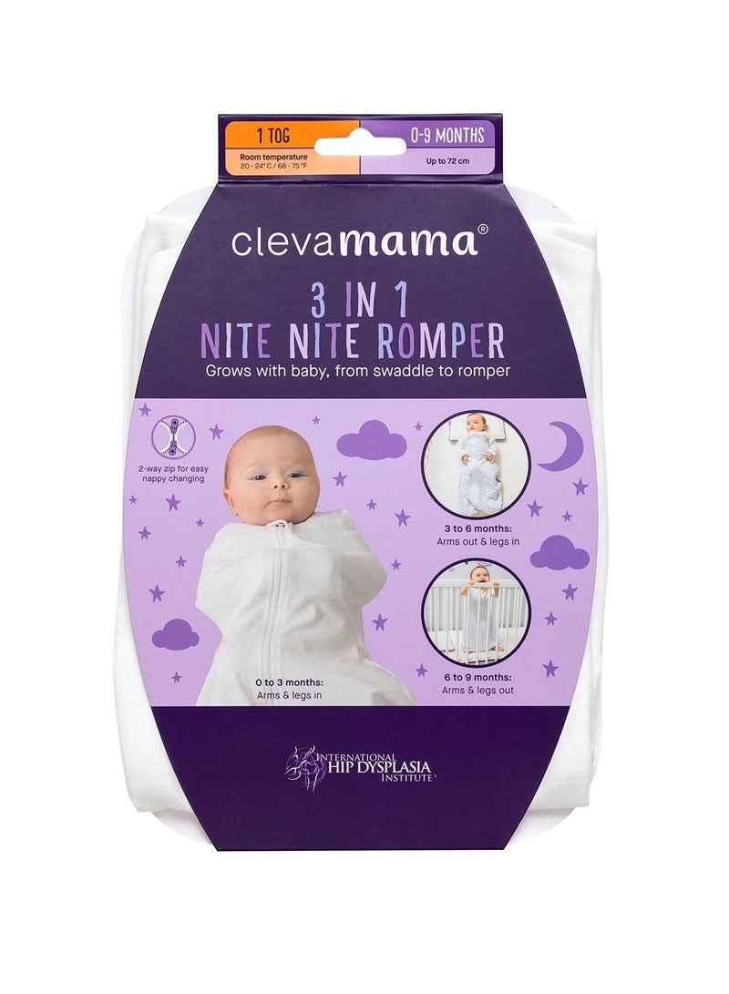 Clevamama 3 in 1 Nite Nite Romper & Sleeping Bag  1 Tog - White (0-9m) - Image 4