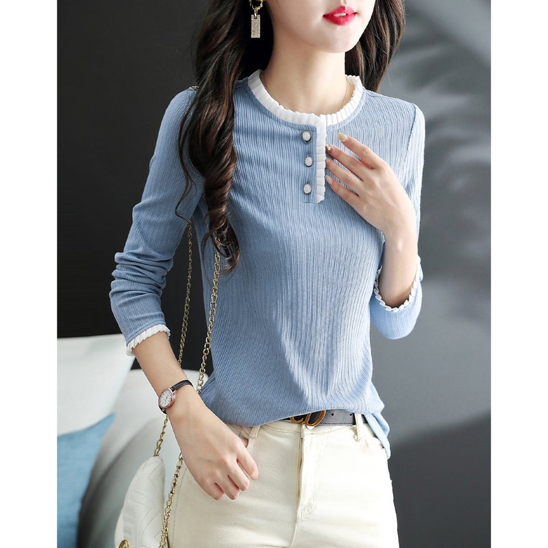 Simple Textured Shirt 2025 Summer And Autumn New Round Neck Ruffled Loose Textured Versatile Shirt - Image 3