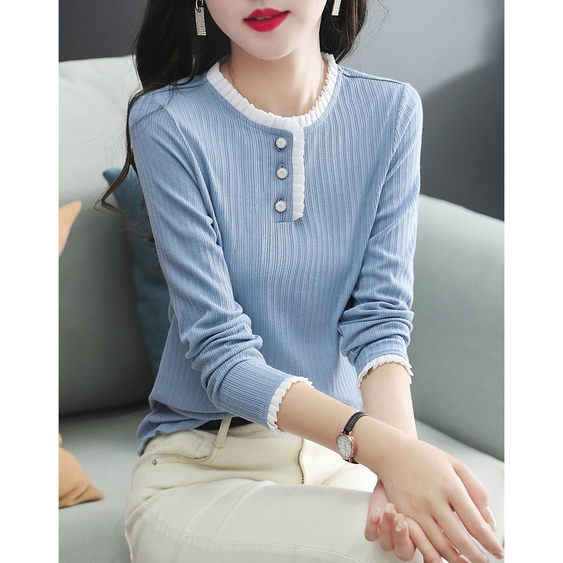 Simple Textured Shirt 2025 Summer And Autumn New Round Neck Ruffled Loose Textured Versatile Shirt - Image 2