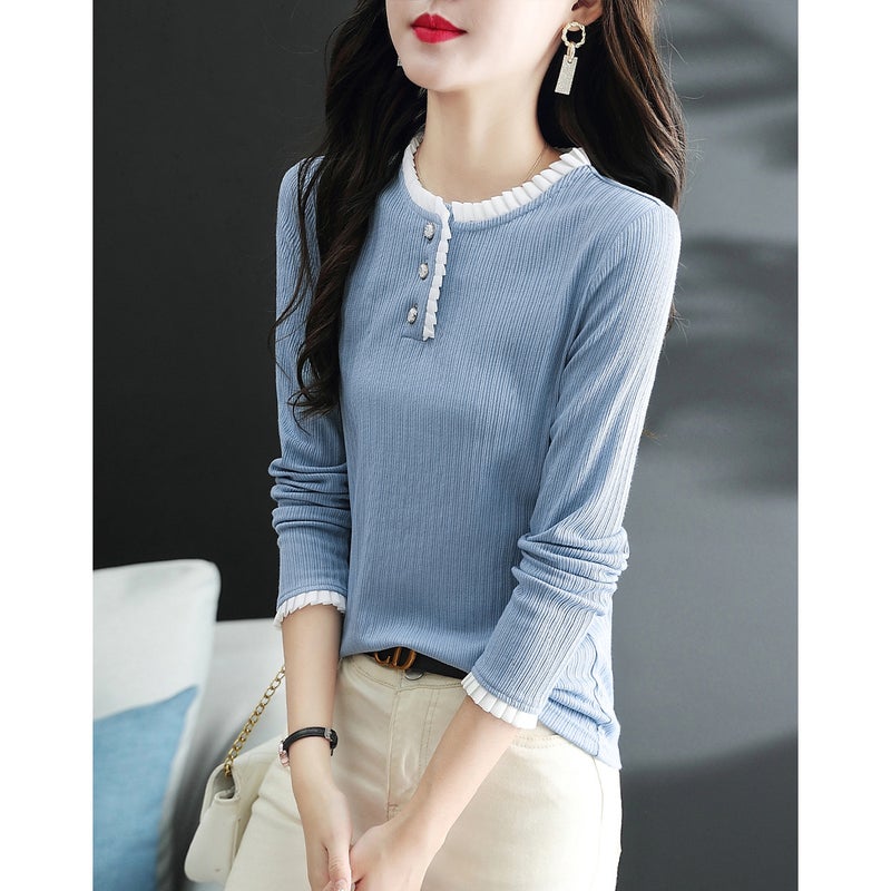 Simple Textured Shirt 2025 Summer And Autumn New Round Neck Ruffled Loose Textured Versatile Shirt - Image 4