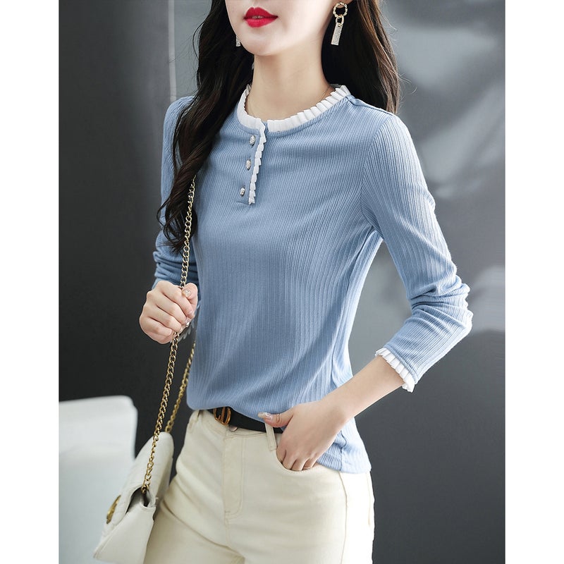 Simple Textured Shirt 2025 Summer And Autumn New Round Neck Ruffled Loose Textured Versatile Shirt - Image 5