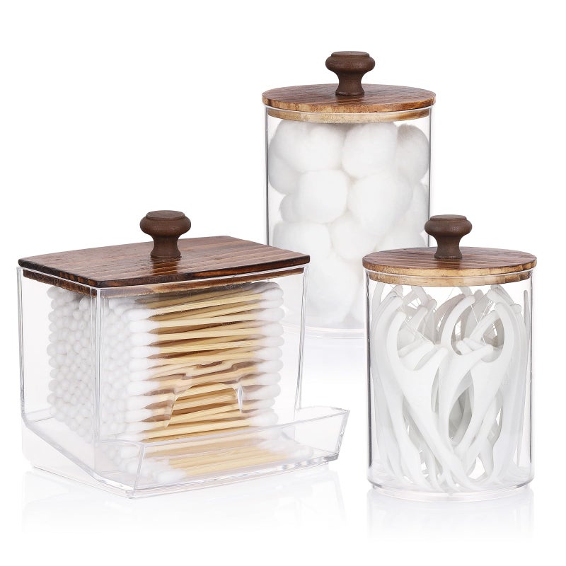 Tbestmax Qtips Holder Bathroom Container, 10oz Big Qtips Dispenser Cotton Ball Holder, Clear Plastic Apothecary Jar Organizer for Storage Cotton Swab, Round Pads, Floss Picks - Image 1