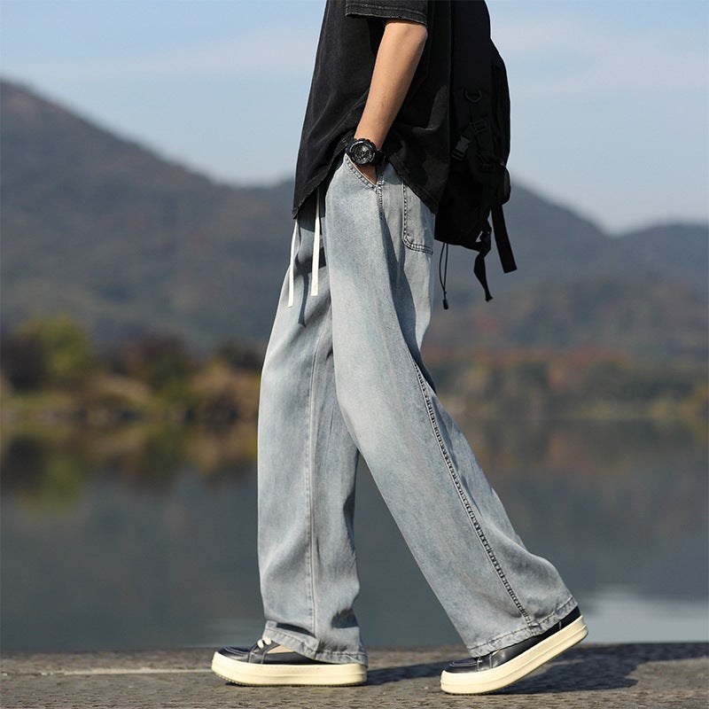 Nasa2025 Spring New American Style High Street Boys Jeans Loose Straight Leg Trendy All-Match Drawstring Design - Image 1