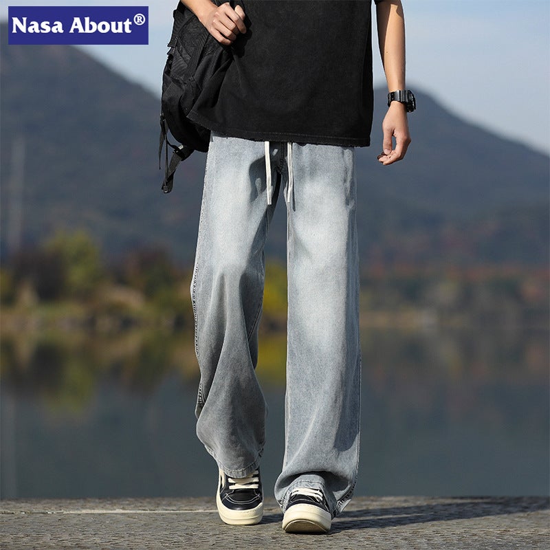 Nasa2025 Spring New American Style High Street Boys Jeans Loose Straight Leg Trendy All-Match Drawstring Design - Image 2