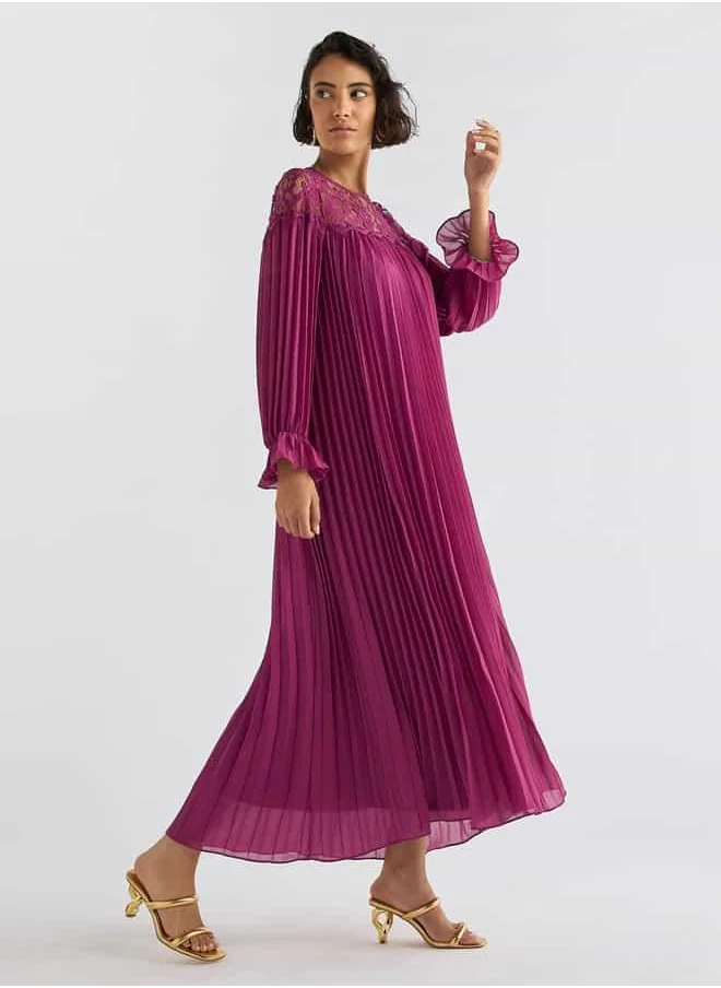 FAV Pleated Lace Detail Maxi Dress with Long Sleeves