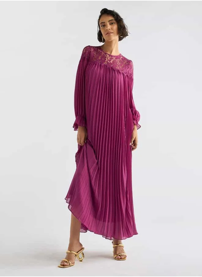 FAV Pleated Lace Detail Maxi Dress with Long Sleeves