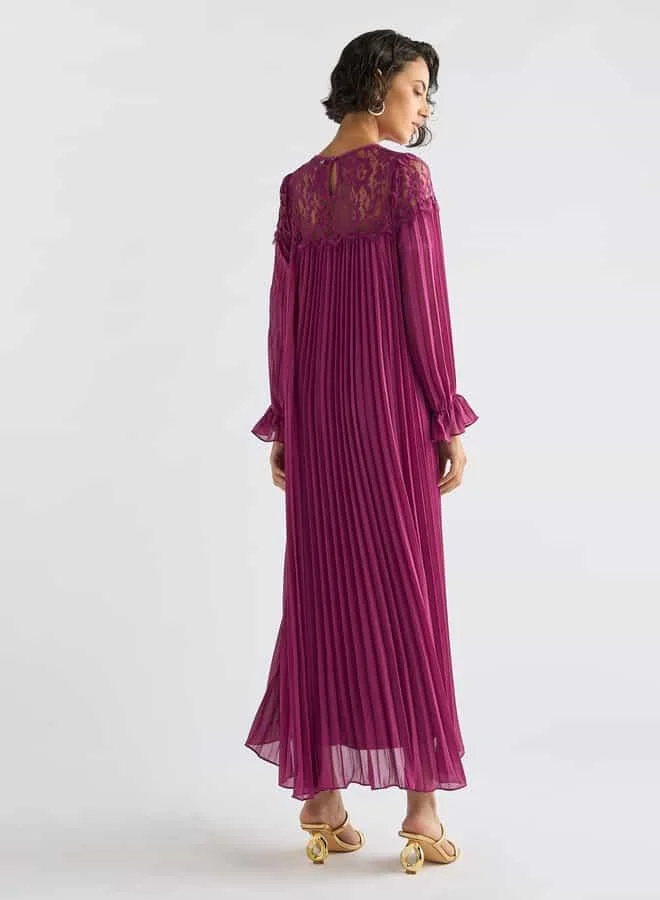Splash FAV Pleated Lace Detail Maxi Dress with Long Sleeves