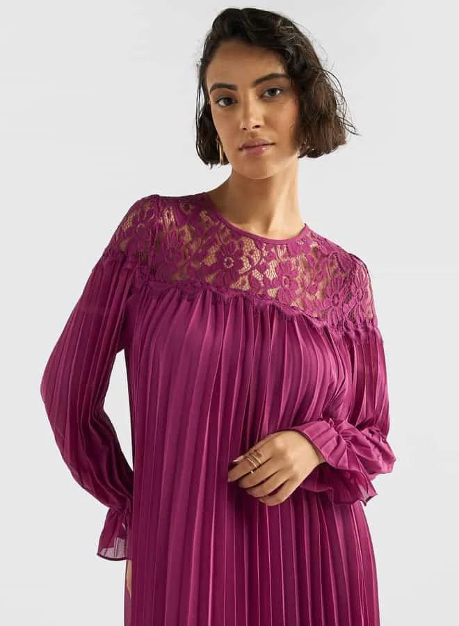 Splash FAV Pleated Lace Detail Maxi Dress with Long Sleeves